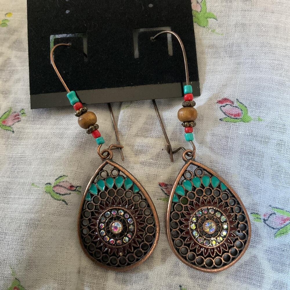 Boho copper earrings with colorful Beads Pierced Wire Earrings